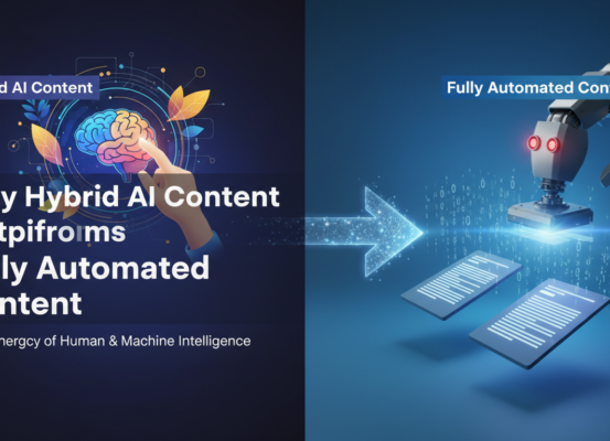 Blog banner showing 'Why Hybrid AI Content Outperforms Fully Automated Content' title