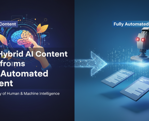 Blog banner showing 'Why Hybrid AI Content Outperforms Fully Automated Content' title