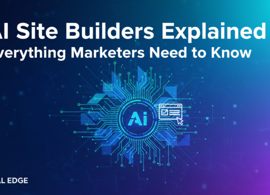 Blog banner titled 'AI Site Builders Explained' with marketing icons and sleek design