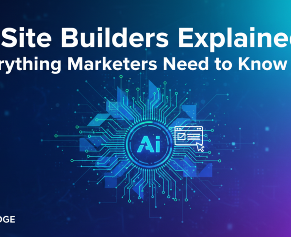 Blog banner titled 'AI Site Builders Explained' with marketing icons and sleek design