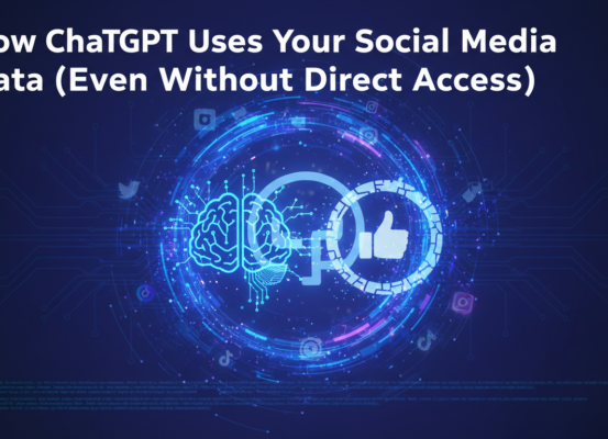 Blog banner titled 'How ChatGPT Uses Your Social Media Data' with tech-themed graphics.