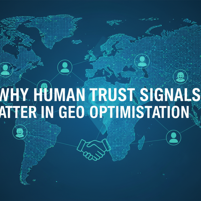 Blog banner titled 'Why Human Trust Signals Matter in GEO Optimisation' with a digital theme
