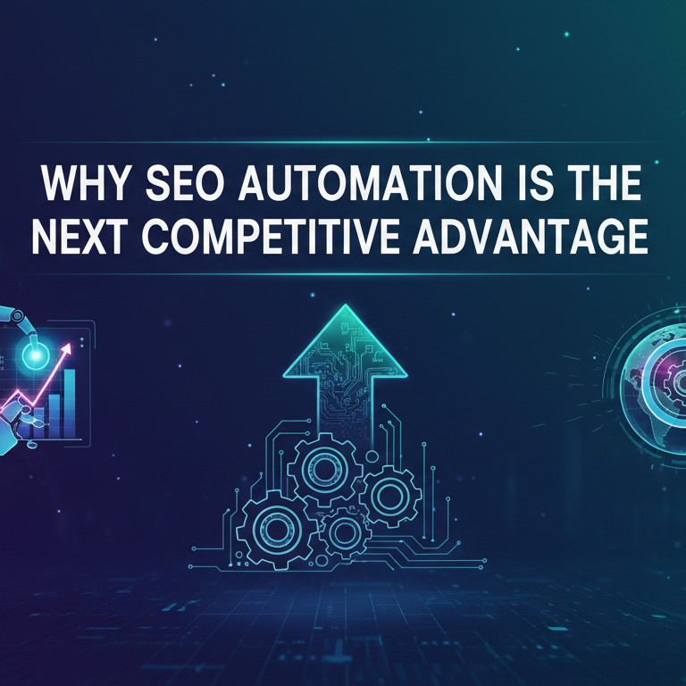 Blog banner titled 'Why SEO Automation Is the Next Competitive Advantage' with a modern digital theme.
