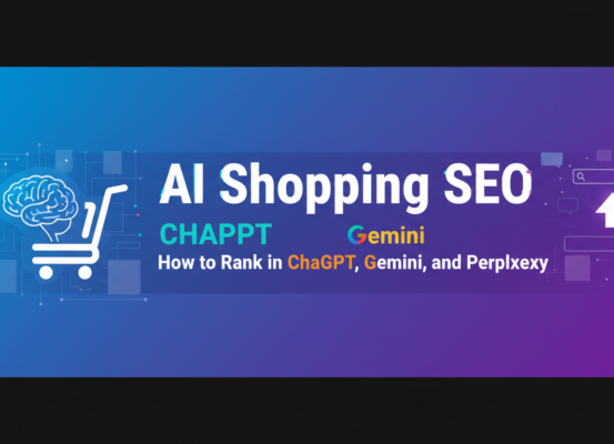 Blog banner with 'AI Shopping SEO: How to Rank in ChatGPT, Gemini, and Perplexity' title