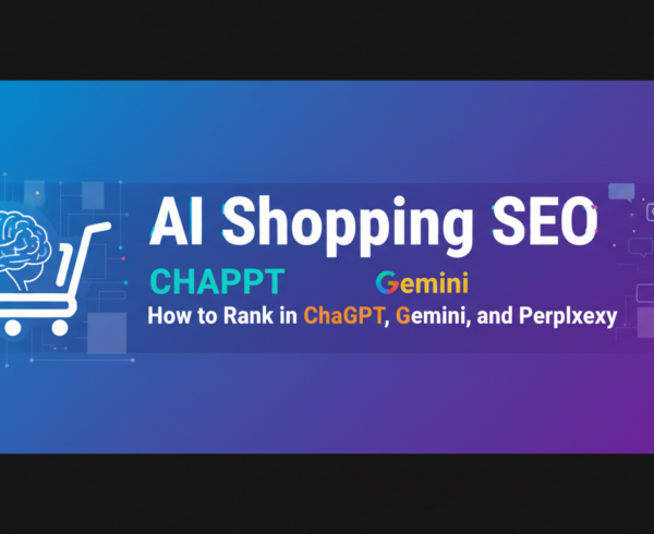 Blog banner with 'AI Shopping SEO: How to Rank in ChatGPT, Gemini, and Perplexity' title