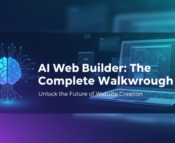 Blog banner with 'AI Web Builder: The Complete Walkthrough' in bold on a tech-themed background