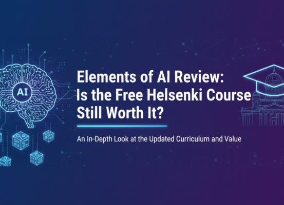 Blog banner with 'Elements of AI Review: Is the Free Helsinki Course Still Worth It?' in modern font.