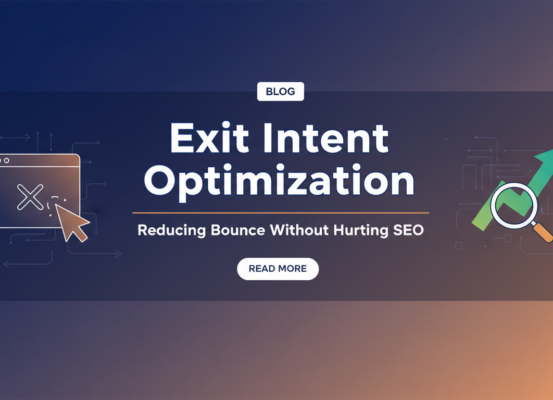 Blog banner with 'Exit Intent Optimization' title, featuring arrows and SEO symbols.