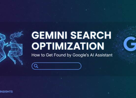 Blog banner with 'Gemini Search Optimization: How to Get Found by Google's AI Assistant' title on a vibrant, tech-themed background.