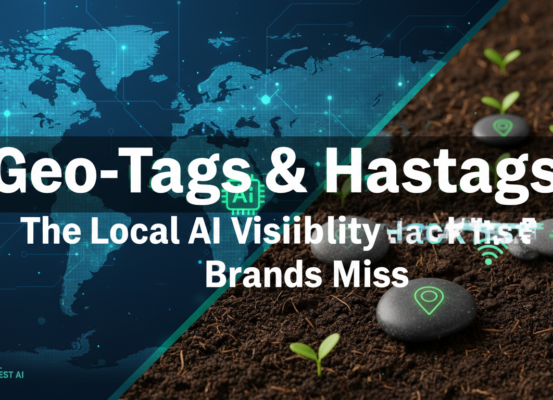 Blog banner with 'Geo-Tags & Hashtags: The Local AI Visibility Hack Most Brands Miss' title over cityscape background.