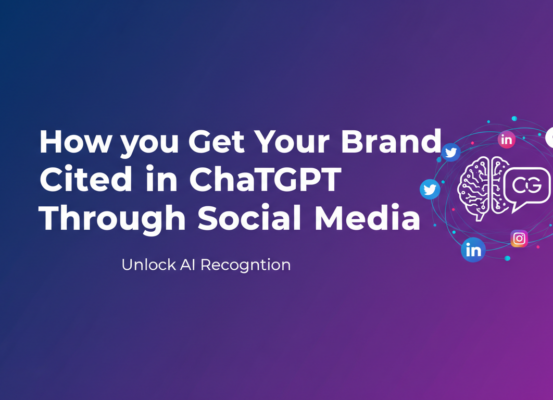 Blog banner with 'How to Get Your Brand Cited in ChatGPT Through Social Media' title overlaid on a digital network background.