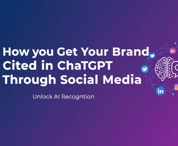 Blog banner with 'How to Get Your Brand Cited in ChatGPT Through Social Media' title overlaid on a digital network background.