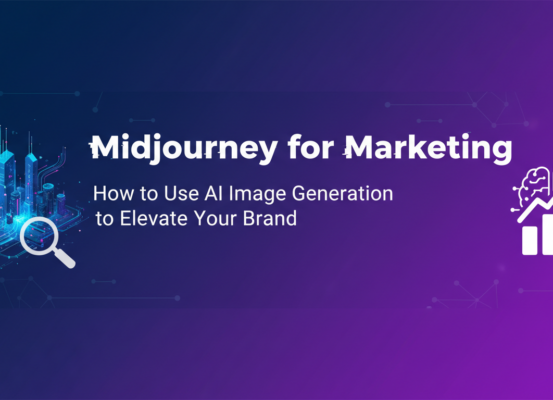 Blog banner with 'Midjourney for Marketing' title, digital art theme.