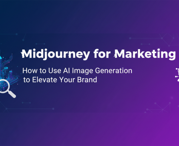 Blog banner with 'Midjourney for Marketing' title, digital art theme.