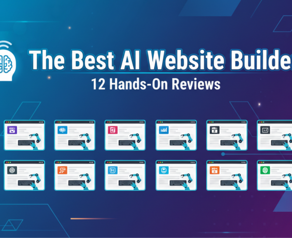 Blog banner with the title 'The Best AI Website Builder: 12 Hands-On Reviews' in bold text.