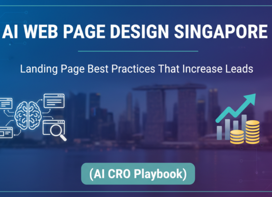 Blog banner with title 'AI Web Page Design Singapore: Landing Page Best Practices That Increase Leads (AI CRO Playbook)' in bold text on a sleek, modern background with digital design elements.