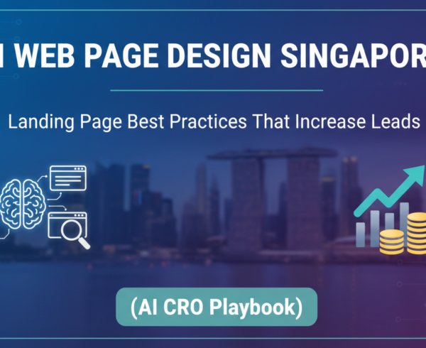 Blog banner with title 'AI Web Page Design Singapore: Landing Page Best Practices That Increase Leads (AI CRO Playbook)' in bold text on a sleek, modern background with digital design elements.
