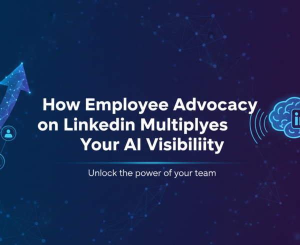 Blog banner with title 'How Employee Advocacy on LinkedIn Multiplies Your AI Visibility' in bold text over a professional office background.