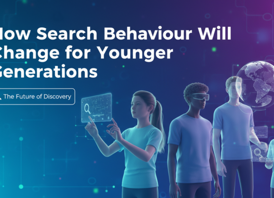 Blog banner with title 'How Search Behaviour Will Change for Younger Generations' over modern tech-themed background.