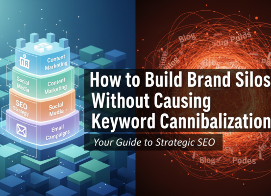 Blog banner with title 'How to Build Brand Silos Without Causing Keyword Cannibalization' in bold font against a modern, abstract background.