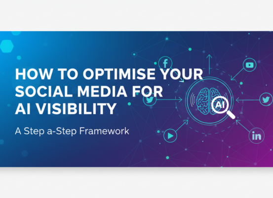 Blog banner with title 'How to Optimise Your Social Media for AI Visibility: A Step-by-Step Framework' in bold font against a digital-themed background.