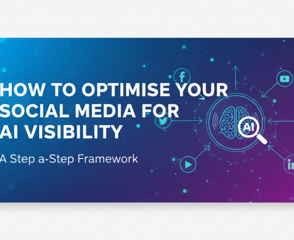 Blog banner with title 'How to Optimise Your Social Media for AI Visibility: A Step-by-Step Framework' in bold font against a digital-themed background.