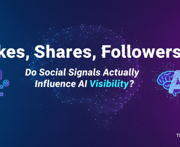 Blog banner with title 'Likes, Shares, Followers: Do Social Signals Influence AI Visibility?'