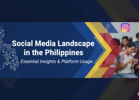 Blog banner with title 'Social Media Landscape in the Philippines: Essential Insights & Platform Usage' with vibrant icons of popular apps.