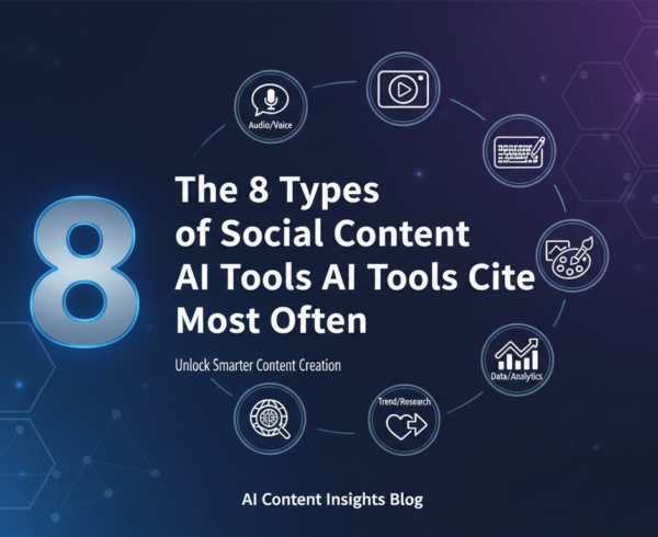 Blog banner with title 'The 8 Types of Social Content AI Tools Cite Most Often' on a digital-themed background.