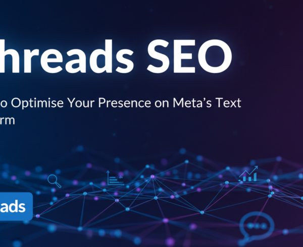 Blog banner with title 'Threads SEO: Optimise Your Presence on Meta's Text Platform'.