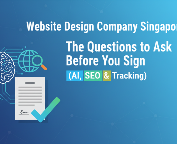 Blog banner with title 'Website Design Company Singapore: The Questions to Ask Before You Sign (AI, SEO & Tracking)'