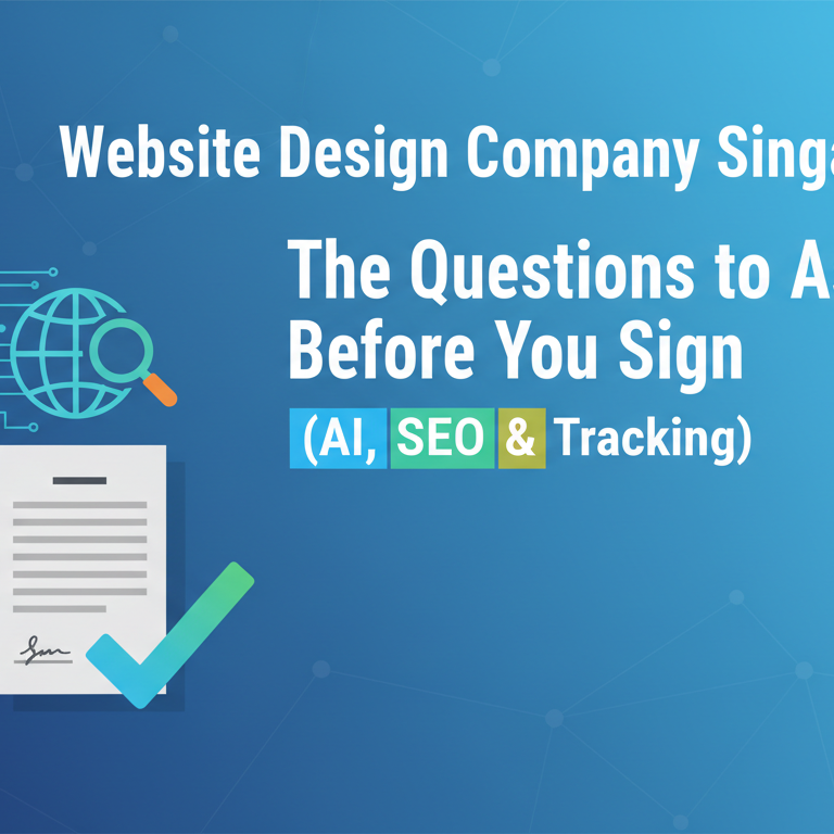 Blog banner with title 'Website Design Company Singapore: The Questions to Ask Before You Sign (AI, SEO & Tracking)'