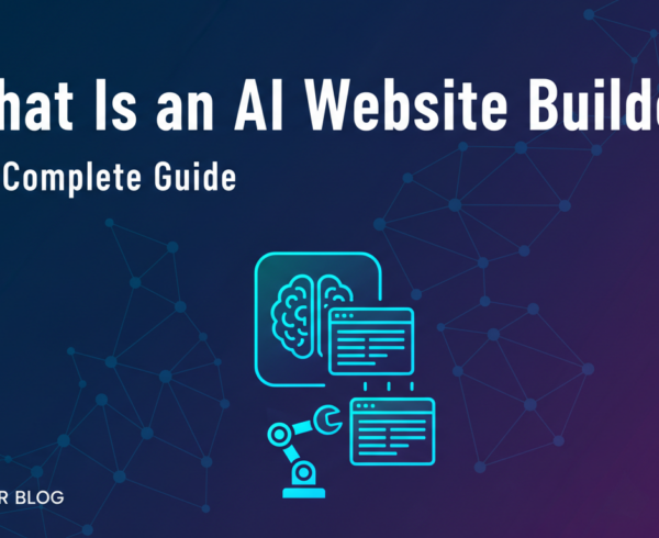 Blog banner with title 'What Is an AI Website Builder? The Complete Guide' on a tech-themed background.