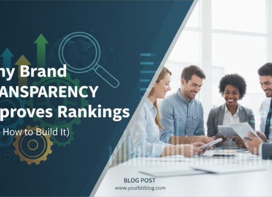 Blog banner with title 'Why Brand Transparency Improves Rankings (And How to Build It)' on a clean, modern design.