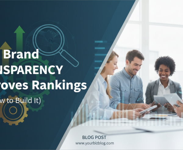 Blog banner with title 'Why Brand Transparency Improves Rankings (And How to Build It)' on a clean, modern design.
