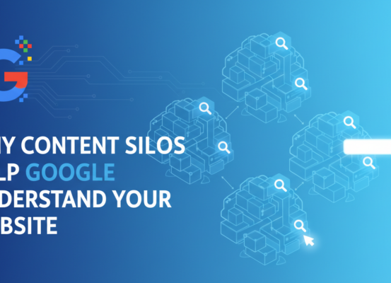 Blog banner with title 'Why Content Silos Help Google Understand Your Website' in bold text.