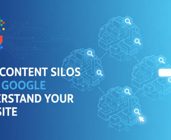 Blog banner with title 'Why Content Silos Help Google Understand Your Website' in bold text.
