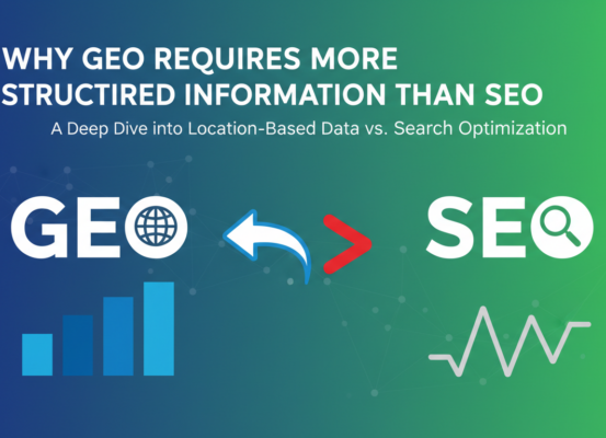 Blog banner with title 'Why GEO Requires More Structured Information Than SEO' in bold letters