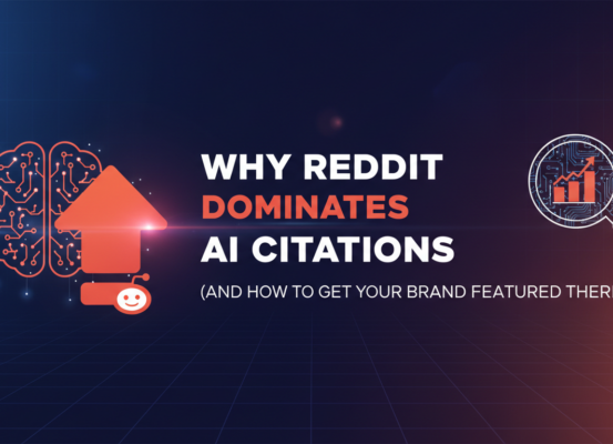 Blog banner with title 'Why Reddit Dominates AI Citations'. Bold fonts, tech-themed design.
