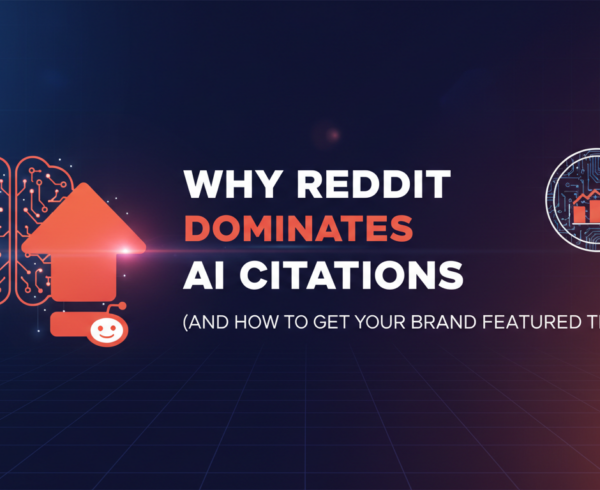 Blog banner with title 'Why Reddit Dominates AI Citations'. Bold fonts, tech-themed design.