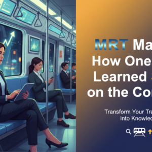 CEO reading SEO book on a train with cityscape view, banner title overlay.