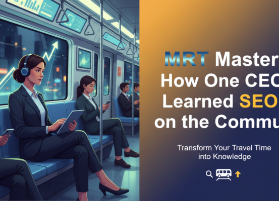 CEO reading SEO book on a train with cityscape view, banner title overlay.