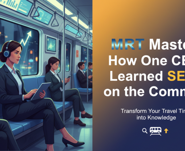 CEO reading SEO book on a train with cityscape view, banner title overlay.