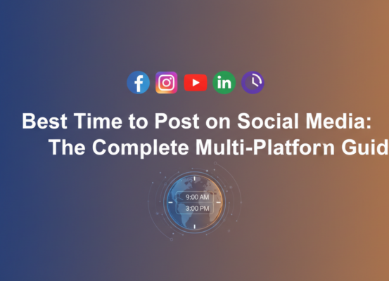 Colorful banner with 'Best Time to Post on Social Media: The Complete Multi-Platform Guide' title.