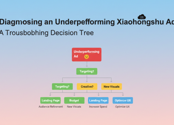 Banner titled 'Diagnosing an Underperforming Xiaohongshu Ad' with a decision tree graphic.