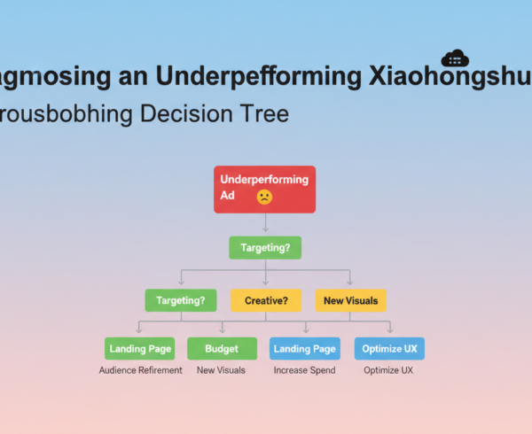 Banner titled 'Diagnosing an Underperforming Xiaohongshu Ad' with a decision tree graphic.