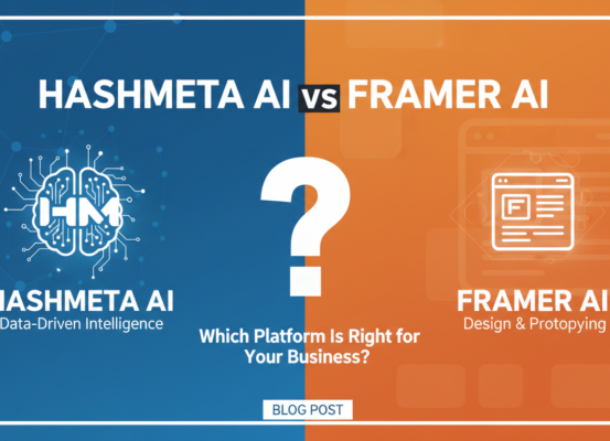 Banner titled 'Hashmeta AI vs Framer AI: Which Platform Is Right for Your Business?' with a tech-themed background