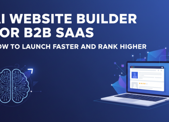 Banner with title 'AI Website Builder for B2B SaaS: Launch Faster, Rank Higher' on a tech-themed background.