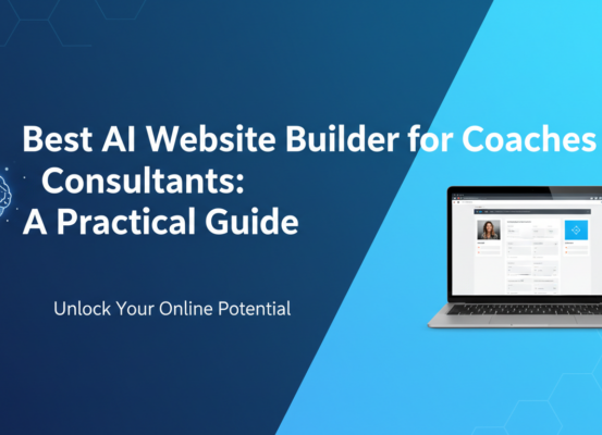 Banner with title 'Best AI Website Builder for Coaches & Consultants: A Practical Guide' in modern design.