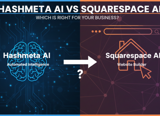 Banner with title 'Hashmeta AI vs Squarespace AI: Which Is Right for Your Business?' in bold text on a tech-themed background.